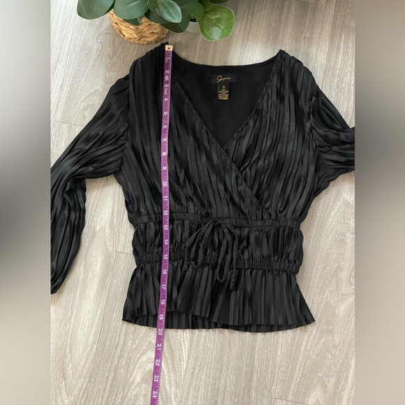 Japna Black Silky Pleated Cinched Waist Blouse - Picture 8 of 8
